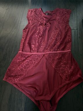 Lace-Trim Burgundy Bodysuit - Women's Intimates